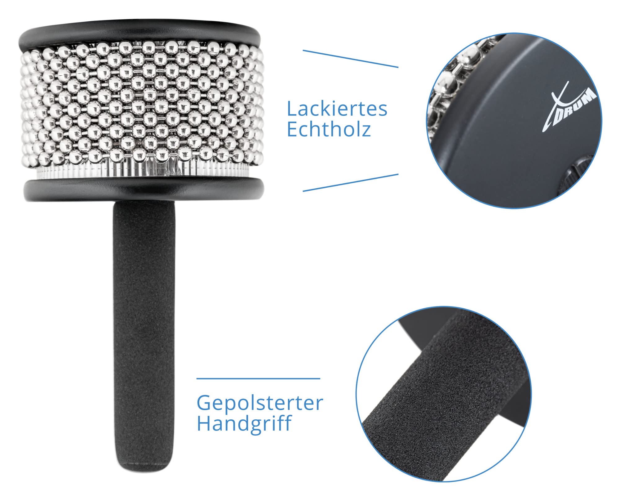 XDrum CB1-BK Cabasa Medium, Diamètre: 10 cm, 10 chaînes de 34 perles | Instrument de rythme et d'effet classique en érable, Taille moyenne, Peut être frotté ou secoué, Poignée rembourrée en érable