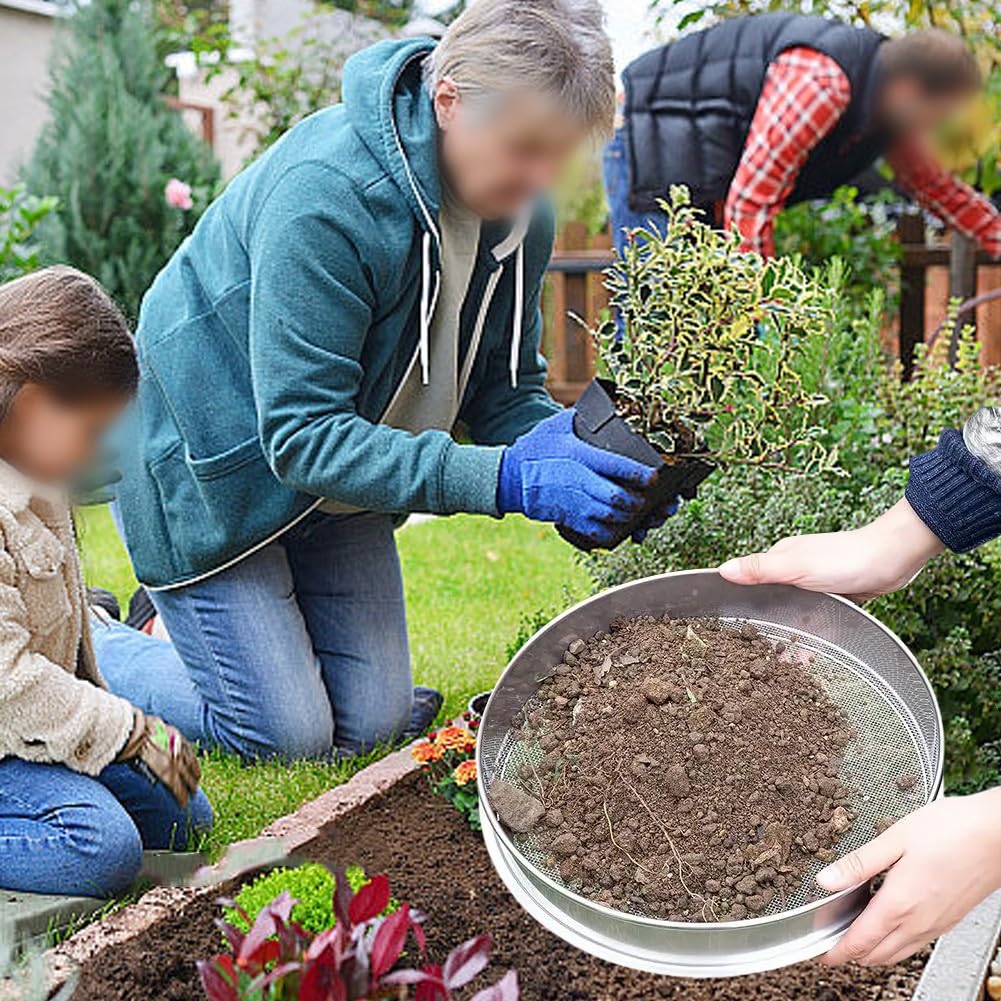 Para tamiz de jardín de acero inoxidable de 20 cm, 5 pantallas intercambiables para tierra, compost, tamiz inoxidable con 3 palas de mano