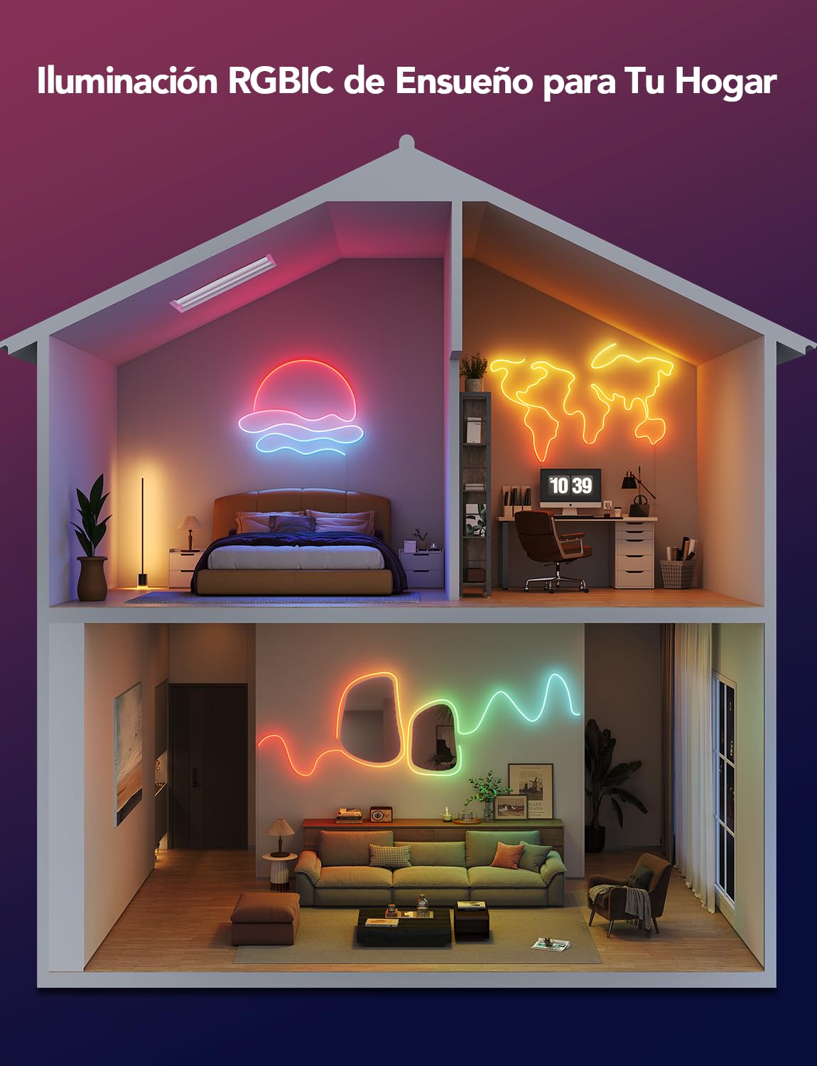 Govee Neon Rope Light 2, Tira LED RGBIC 3m Blanco Decoración Pared | Mapeado de Formas, Efectos DIY, Compatible con Matter, Alexa, Google Assistant y SmartThings para iluminación inteligente