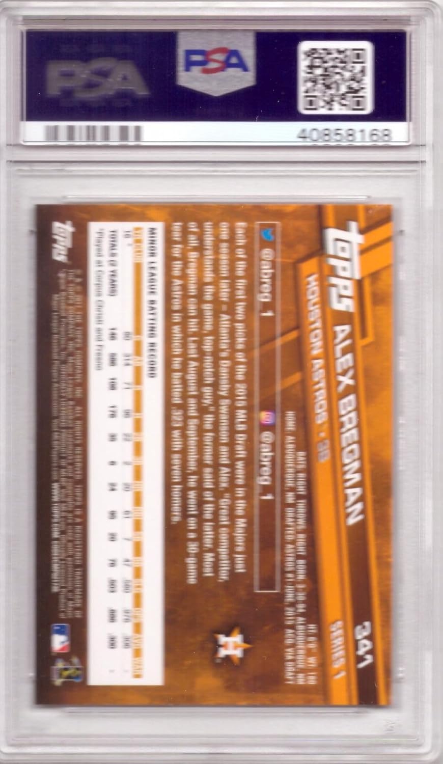 2017 Topps Baseball #341 Alex Bregman Rookie Card Graded PSA 9 Mint
