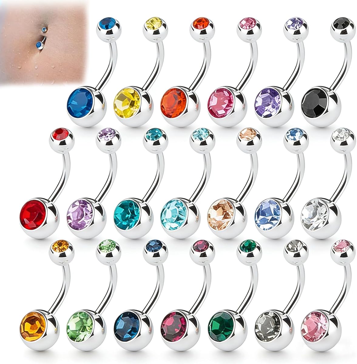 Belly Button Bars with Double Gems, Amaza 20 Colors Stainless Steel Navel Piercing Jewelry Belly Bars Set with a Storage Pouch ,14G,1.6mm*10mm