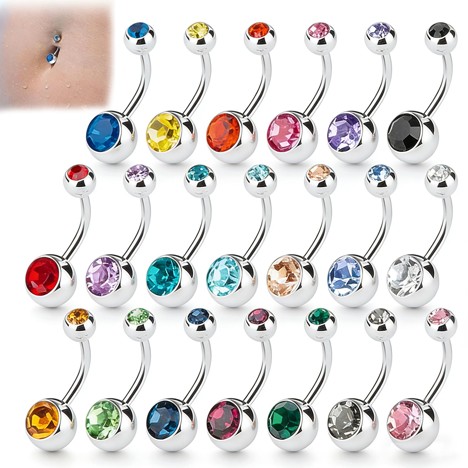 Amaza Piercing Ombligo con Dos Circonitas, 20 Colores Anillos Ombligo Acero Inoxidable, Joyas para el Ombligos Pircing Ombligos con Bolsita de Almacenamiento, Calibre 14G(1,6 mm x 11 mm)