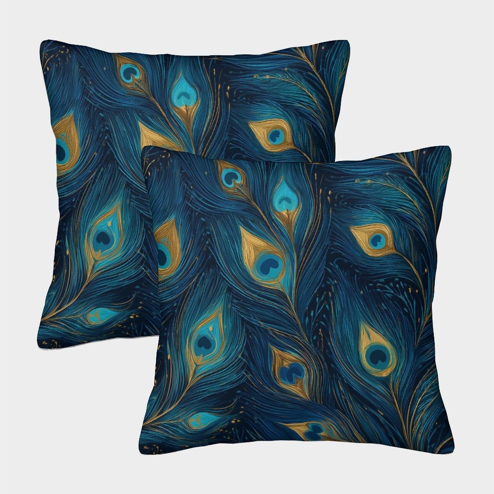 Peacock Feathers Pillow Cases Set of 2 Cozy Pillowcase Art Cushion Covers with Zipper Decorative for Couch Livingroom 50x50cm
