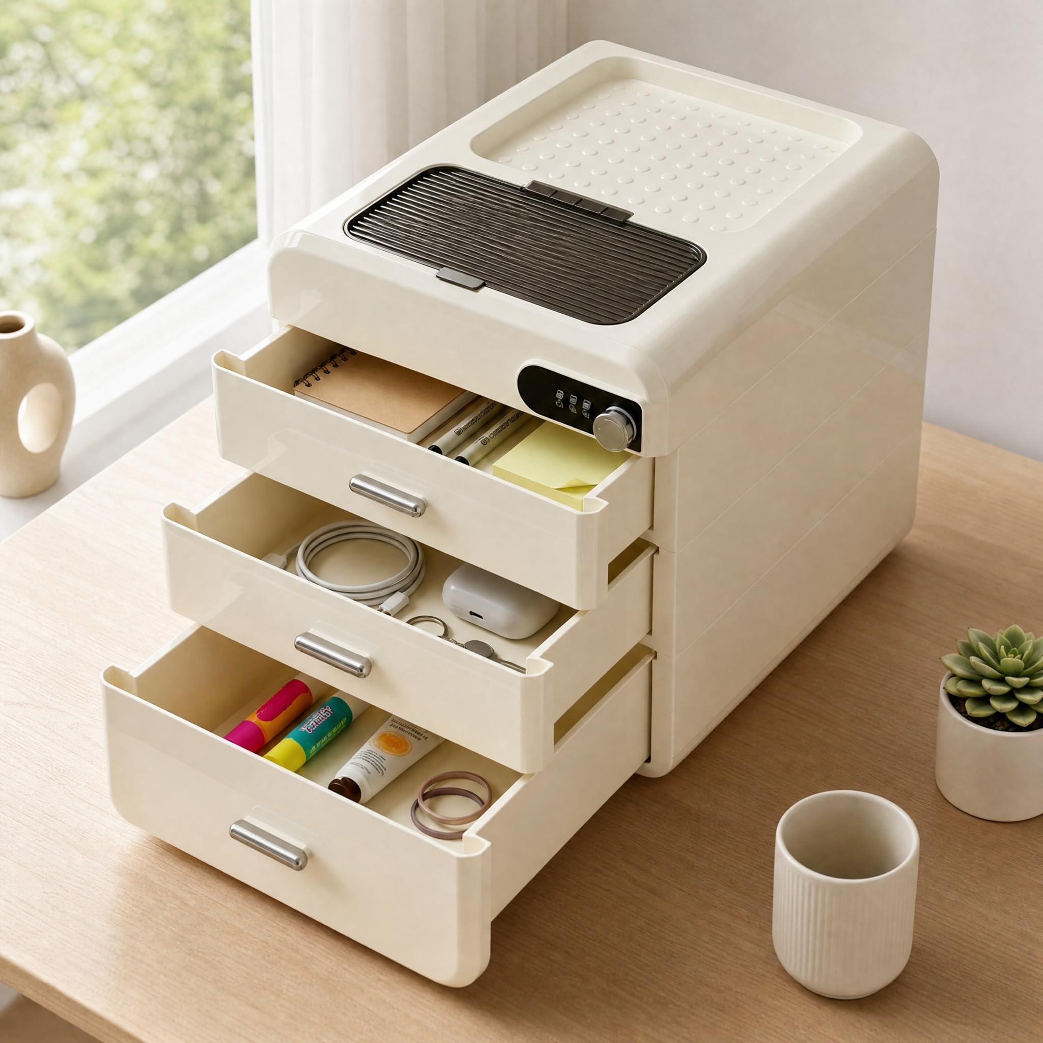 Cajonera de plástico anrekl con cerradura de combinación, organizador de oficina con 3 cajones + compartimento de almacenamiento superior, cajonera tamaño A4 para medicamentos, 32×26×31 cm