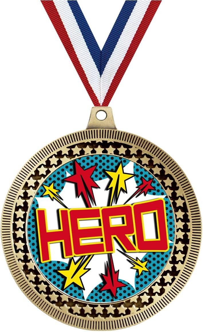 2.75" Hero with Stars Medal Award, Gold Vega Hero with Stars Team Trophy Award Includes Free Neck Ribbon