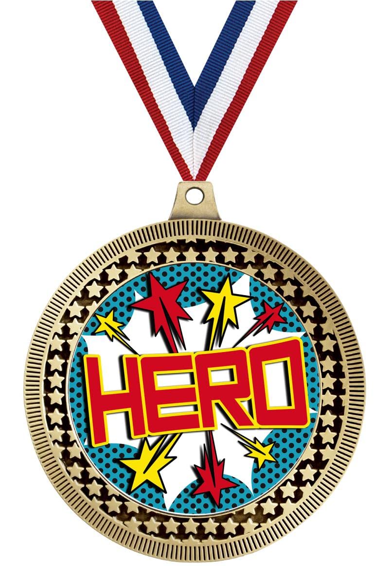 2.75" Hero with Stars Medal Award, Gold Vega Hero with Stars Team Trophy Award Includes Free Neck Ribbon