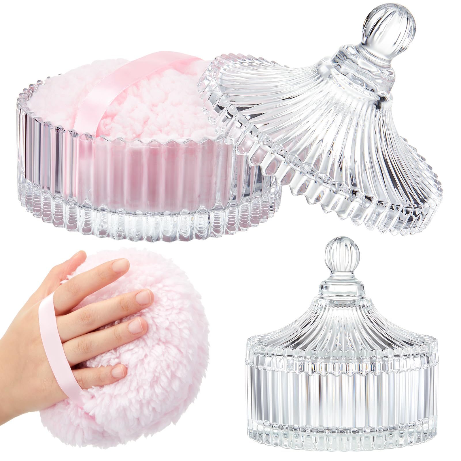 Tioncy 2 Stück extra große Staubpuderquaste und Behälter für Damen, 14 cm Glaskristall-Staubpuderbehälter mit 15 cm Körper, weich, waschbar, wiederverwendbar, Velours-Gesicht (transparent)