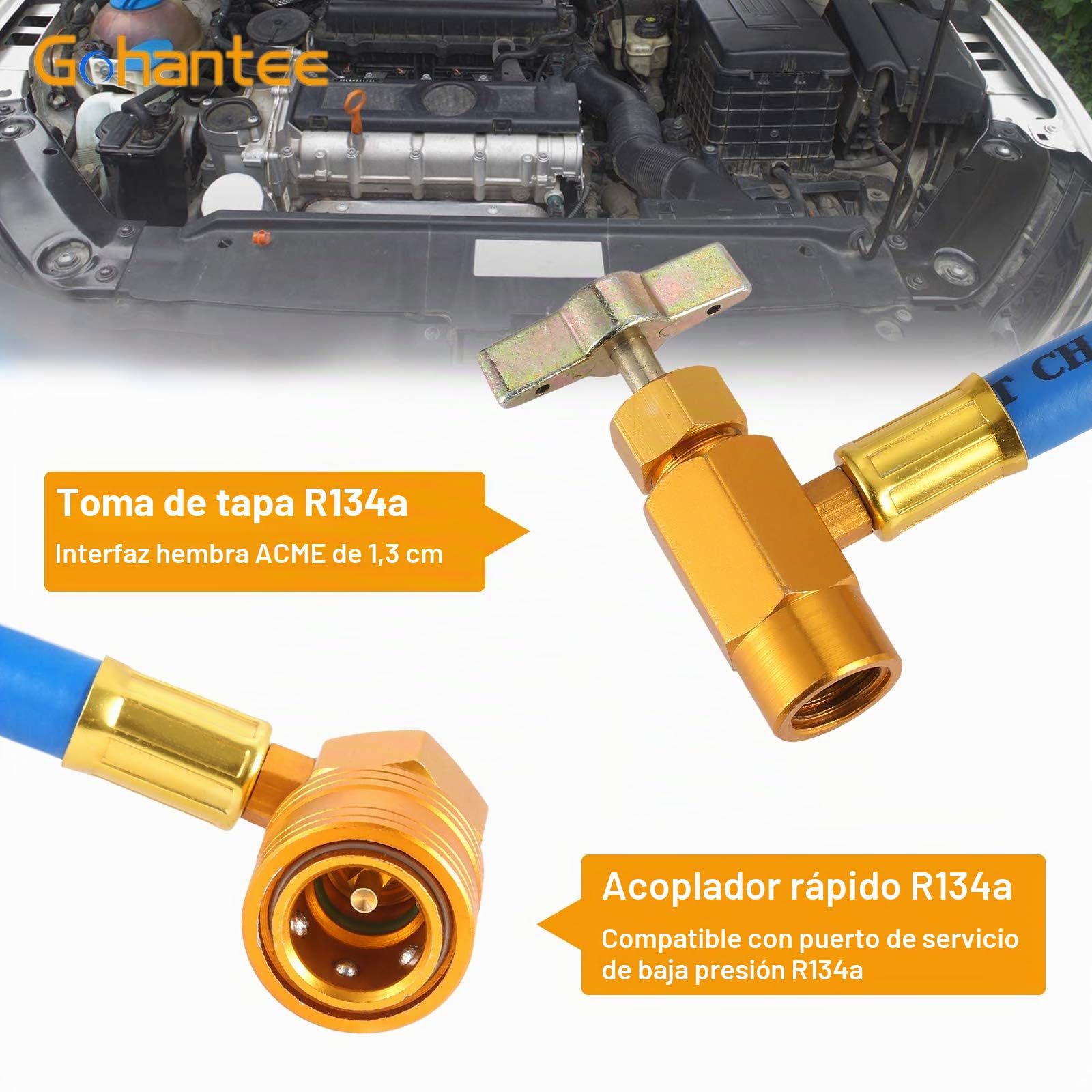 gohantee R134A Kit de manguera de recarga de refrigerante, válvula de reequipamiento de baja presión R12 a R134a con tapón antipolvo, algodón de detección de aceite para aire acondicionado