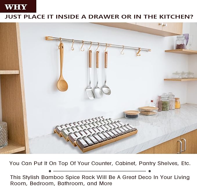 Bamboo Spice Rack Drawer Organizer - 8 Pieces Set- 7" Wide Per Piece - Combine Pieces Into 14" Wide Rack (7" or 14")