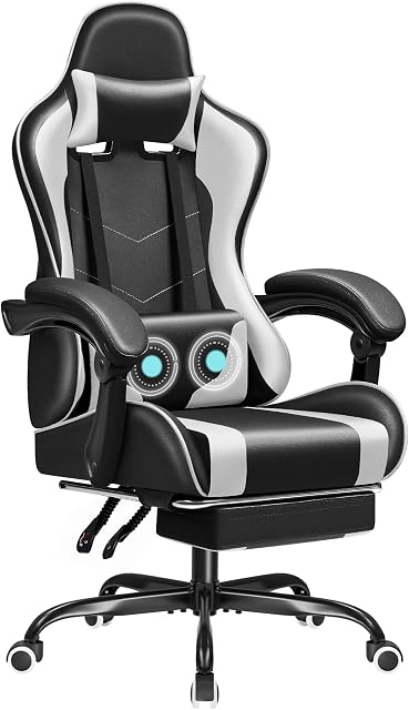 JUMMICO Chaise de jeu Ergonomie chaise d'ordinateur avec repose-pieds et Massage Lombaire Support, chaise de jeu vidéo réglable en hauteur avec 360° Siège pivotant et appuie-tête