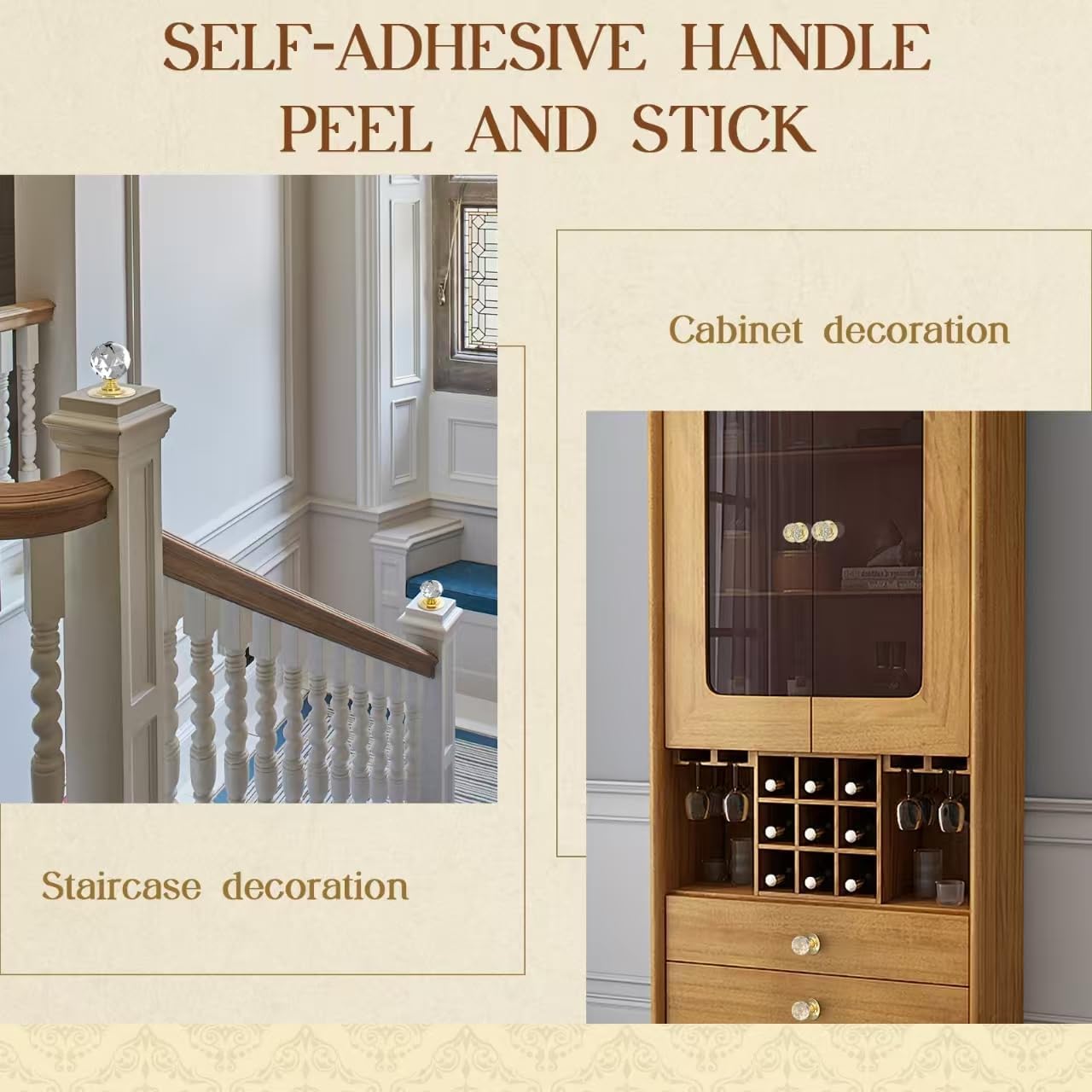 1-3/5 Inch Round Clear Crystal Self Adhesive Knobs 40mm Ball Cabinet Handles for Drawers Mirrors Cupboards Glass Sliding Doors Windows Staircase Corner Decor Peel and Stick Pulls (4, Gold)