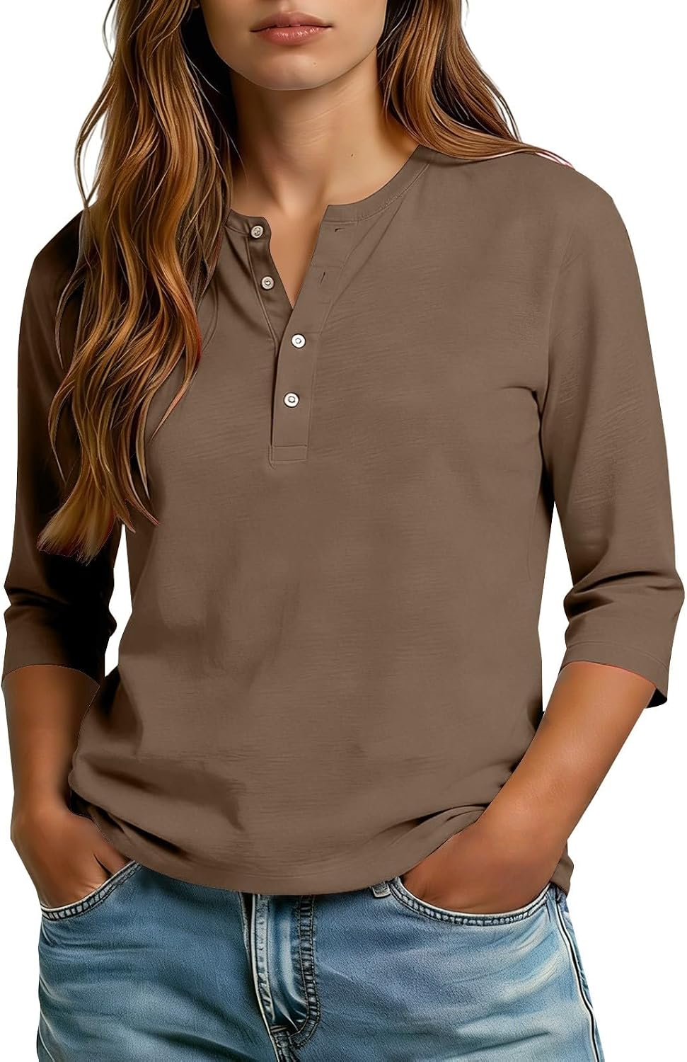 Women's Tops 3/4 Sleeve Button Up Henley Neck Polo Cute Tops Loose Soft Dressy Casual Solid Oversized Summer Shirts