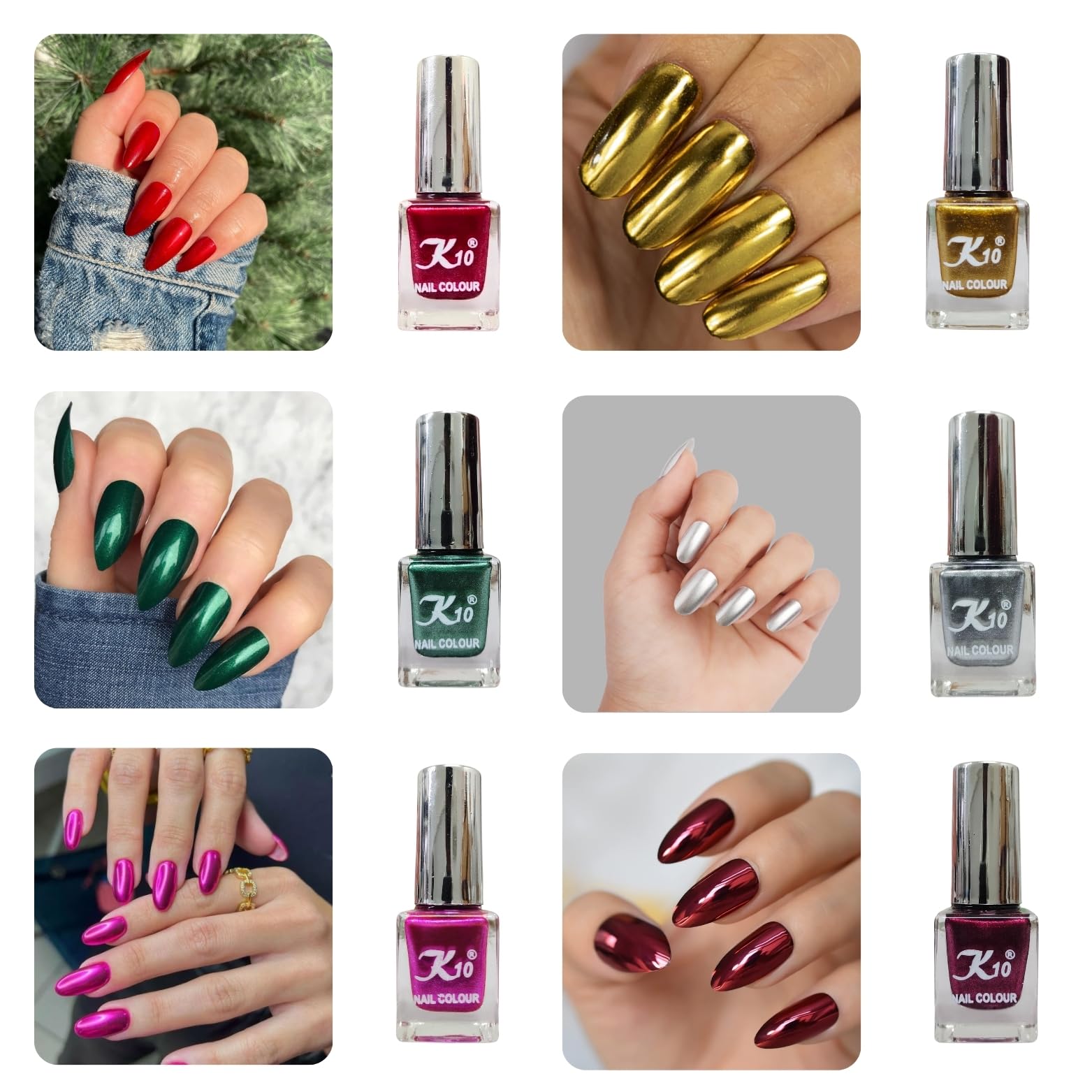 K10 Nail Polish| Metallic Finish Nail Paint|Quick Drying| Non UV Polish - Gel Finish |Chip Resistant Long-Lasting Multicolor Nail Paint for Women and Girls Red-Green-Pink-Golden-Silver-Maroon, 72 ml-picture-27