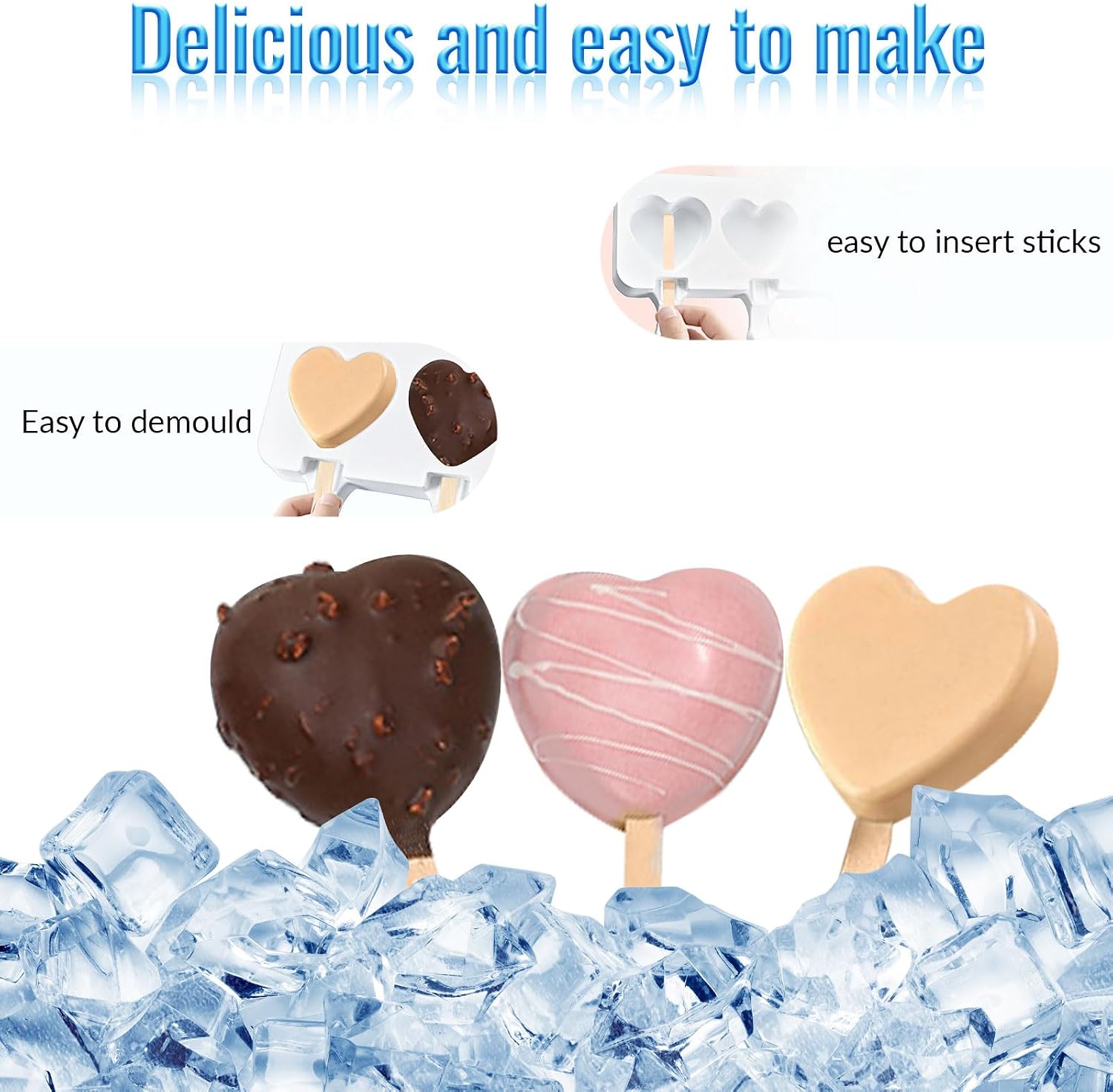 2 Pack Silicone Mini Popsicles Molds,Cute Shapes Molds BPA Free Reusable Ice Cream Mold Popsicle Maker Homemade DIY Ice Pop Mould Set for Kids (Heart shape)