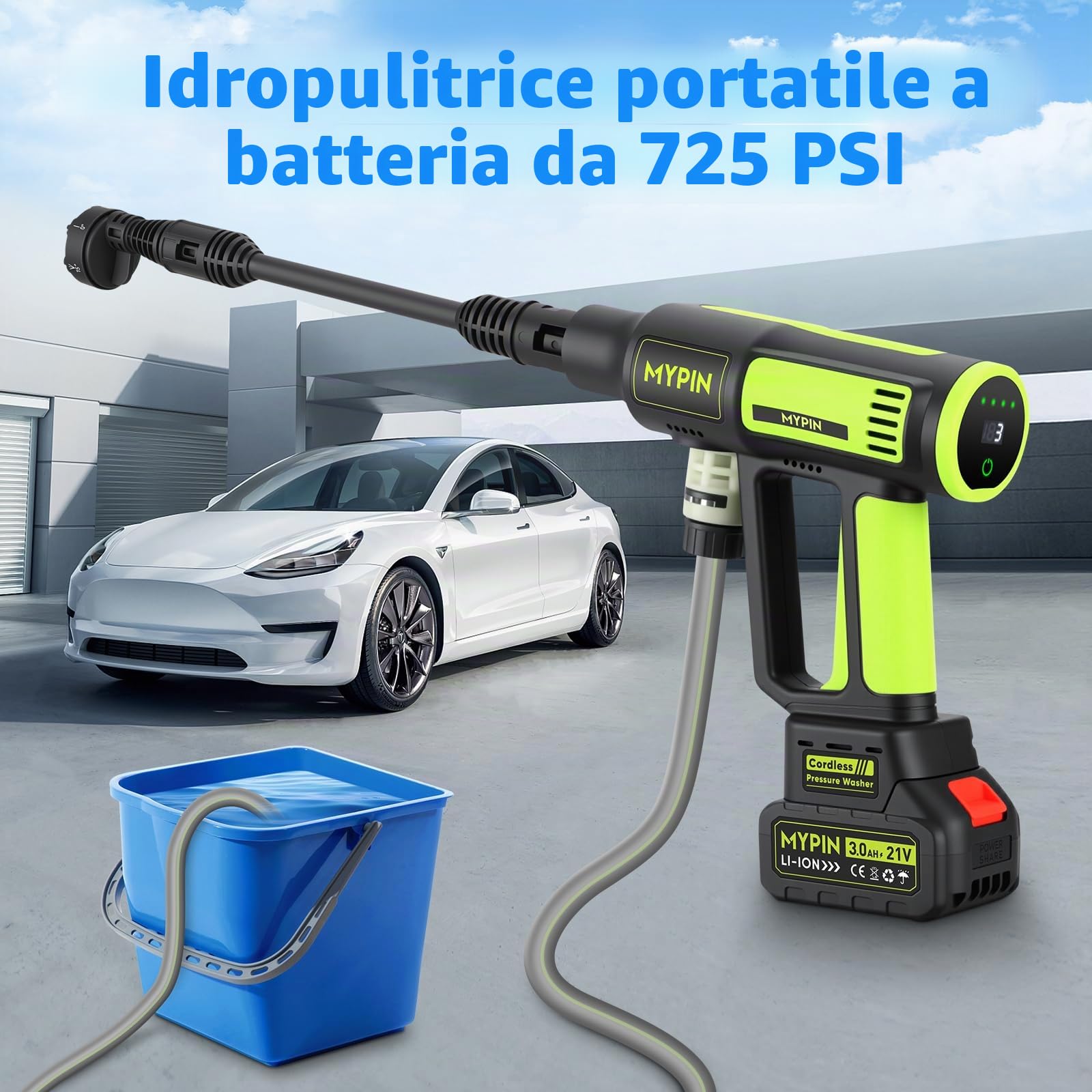 Idropulitrice a Batteria con Display LCD, 725 PSI, 2 Batteria Ricaricabile 21V, Ugello 6-in-1, Idropulitrice Portatile per Pulizia Auto, Pavimenti, Pareti e Recinzioni