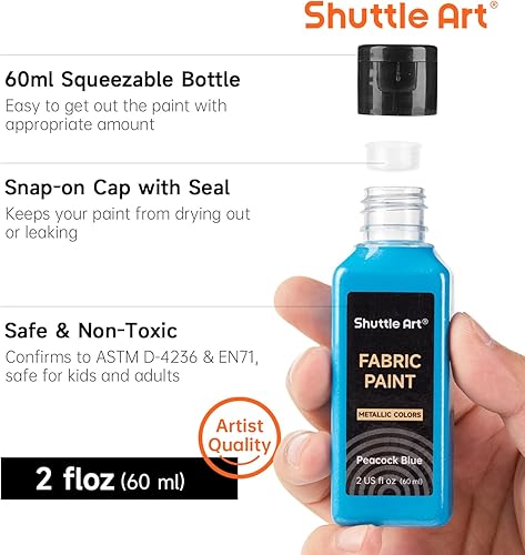 Miniatura 3 de Shuttle Art - Pintura para tela metálica, 18 colores metálicos, pintura suave permanente en botellas (2.3 fl oz/2 onzas) con pincel y plantillas