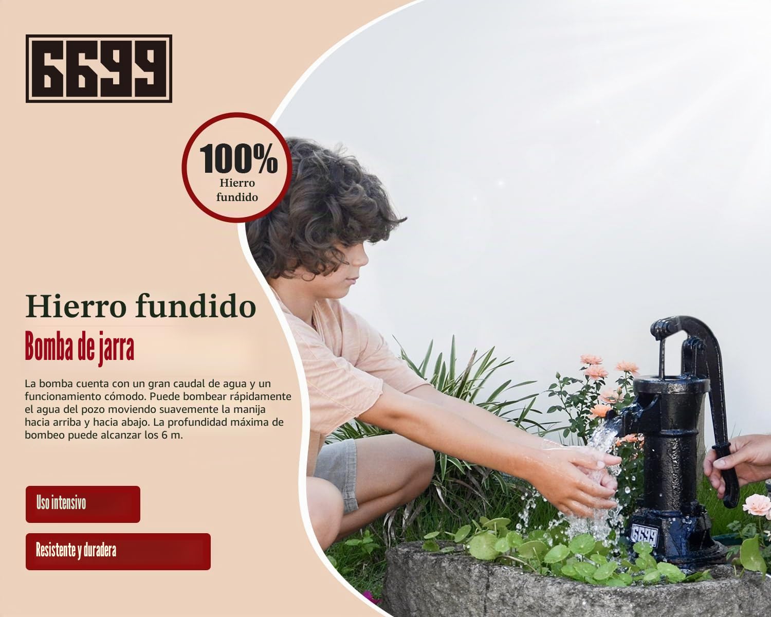Bomba de jarra de hierro fundido duradera y manual antigua, bomba de succión de pozo, bomba de transferencia de agua, 25 pies, elevación máxima, fácil instalación para jardín, estanque, patios