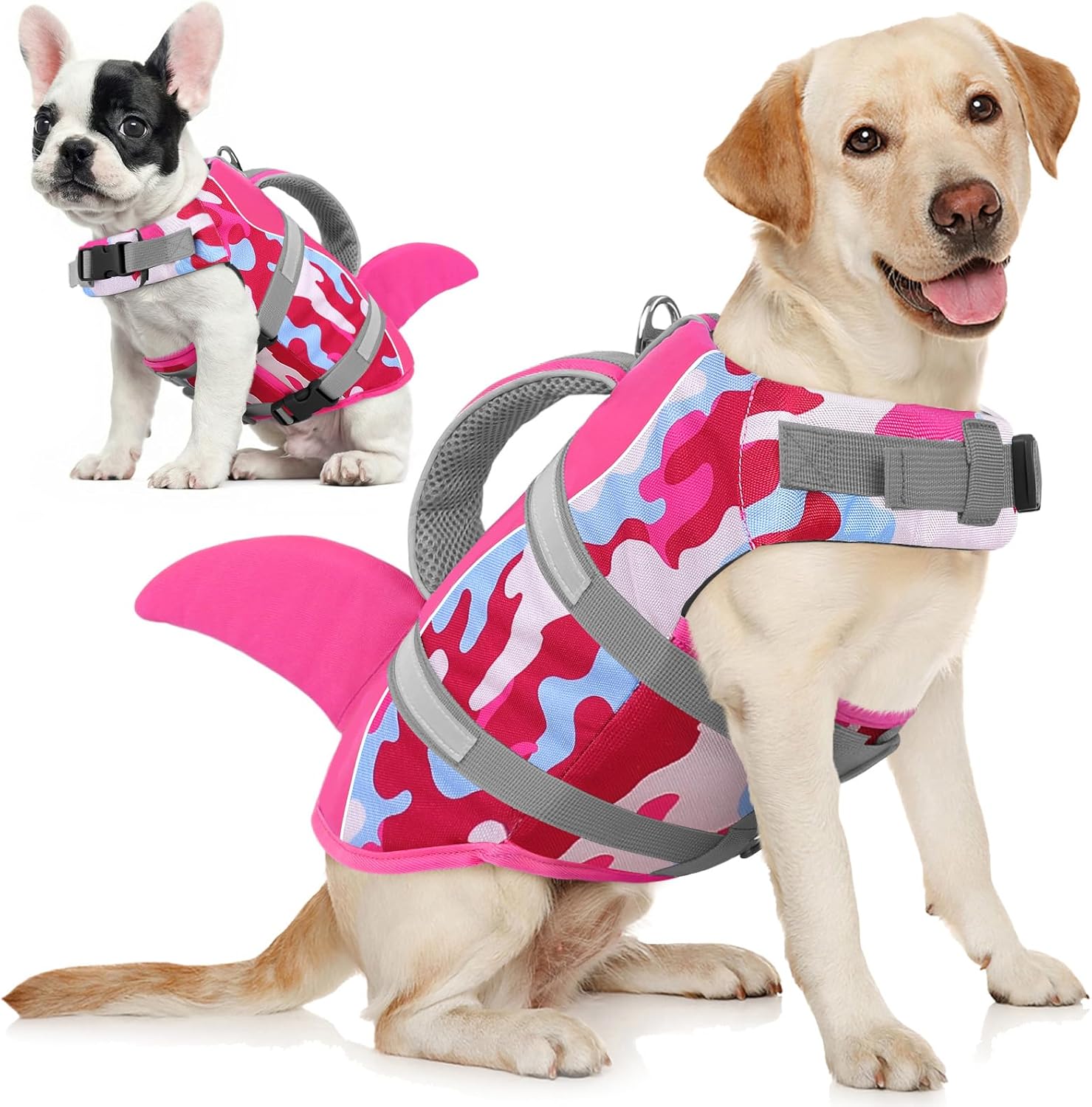 AOFITEE Dog Life Jacket Large, Shark Dog Life Vest for Swimming Boating, High Flotation Reflective Dogs Swimming Vest Lifesaver with Rescue Handle, Pet Swimsuit for Small Medium Large Dogs, L