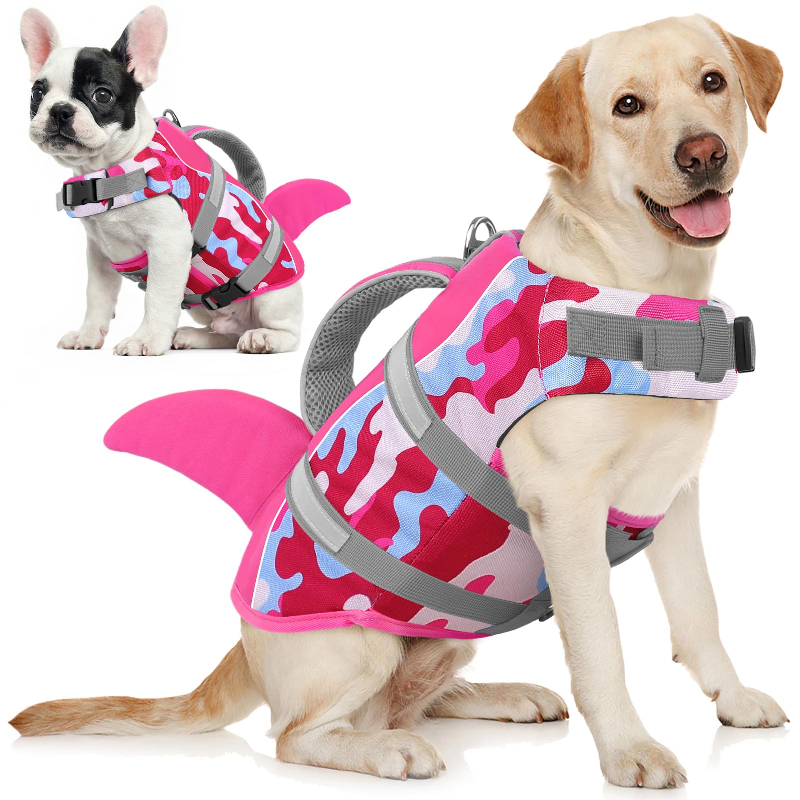 AOFITEE Schwimmweste Hund, Hundeschwimmweste Hai für Schwimmen, Hohe Flotation Rettungsweste mit Rettungsgriff und Reflektorstreifen für Kleine, Mittlere, Große Hunde