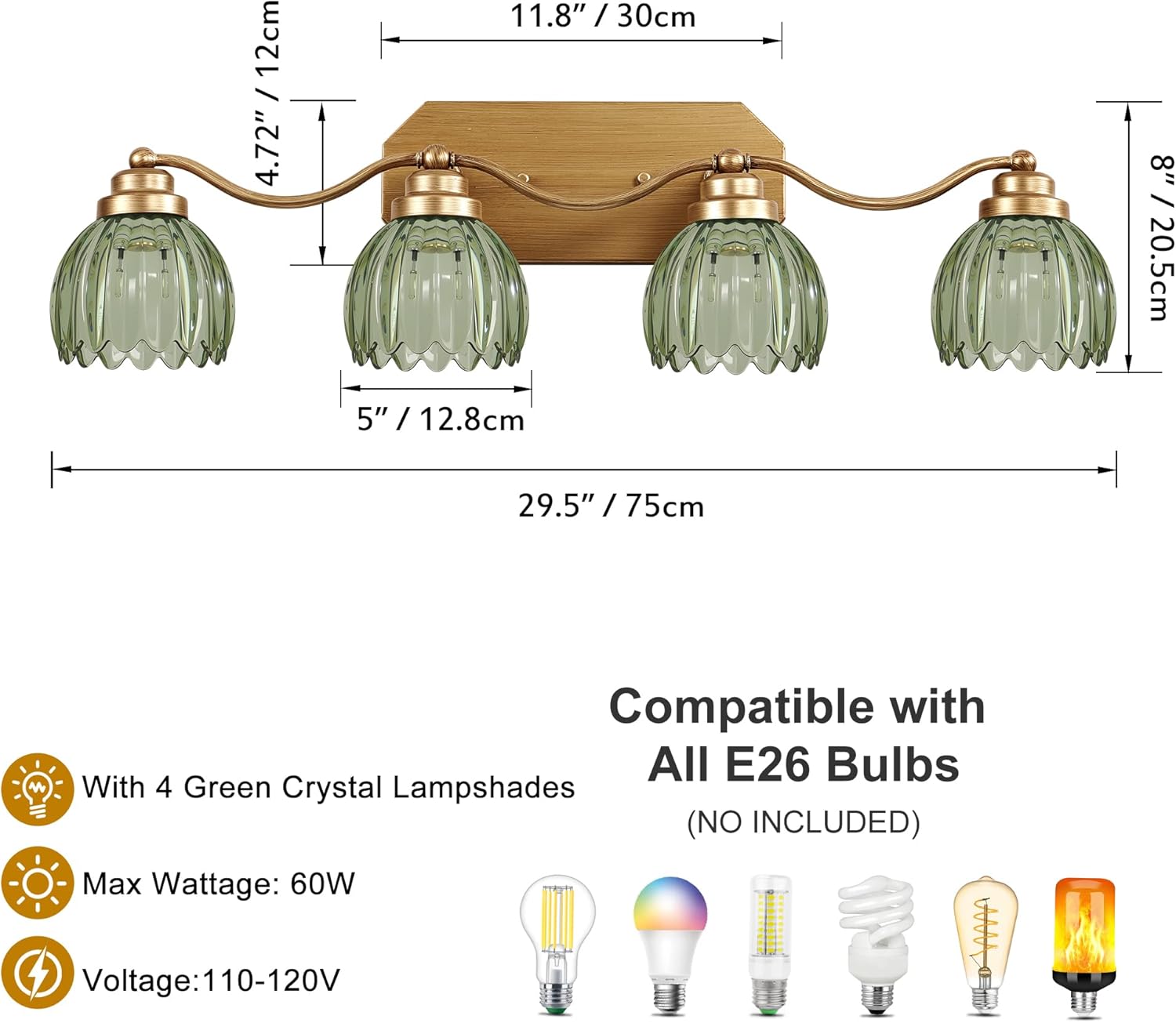 Gold Bathroom Light Fixtures, 4 Light Vintage Vanity Lights, Antique Brass Brushed Gold Finish, Crystal Green Glass Shade, Mid Century Wall Sconces for Bedroom, Living Room, Hallway