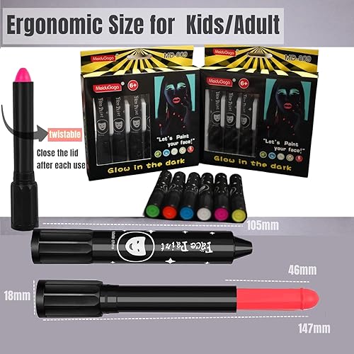 Miniatura 5 de SayingArt - Pintura facial brillante, de 2 vías, neón que brilla consin luz negra, kit de pintura facial para niños, no tóxica reactiva al agua que