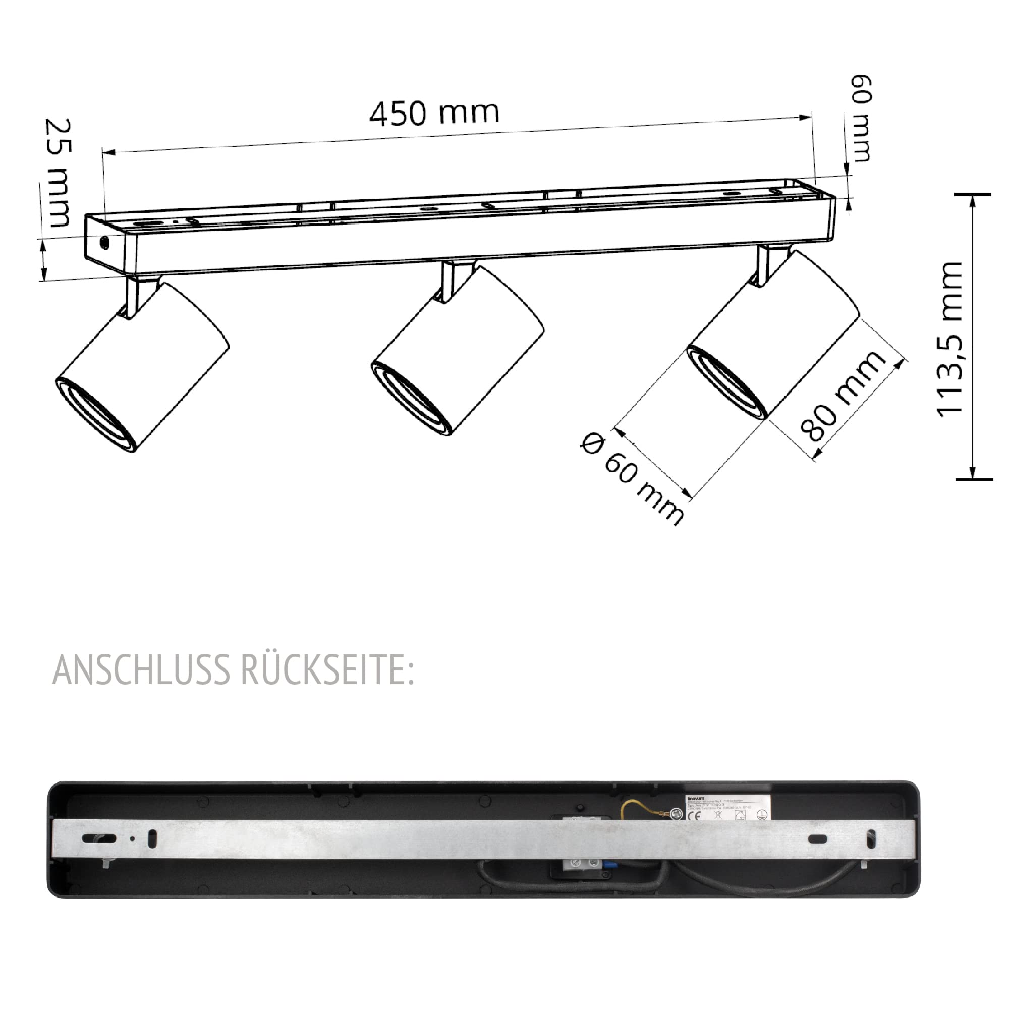 linovum TENJO Deckenlampe dimmbar schwarz schwenkbar mit 3x LED Leuchtmittel GU10 6W warmweiß - Küchenlampe Spotbar 3 flammig