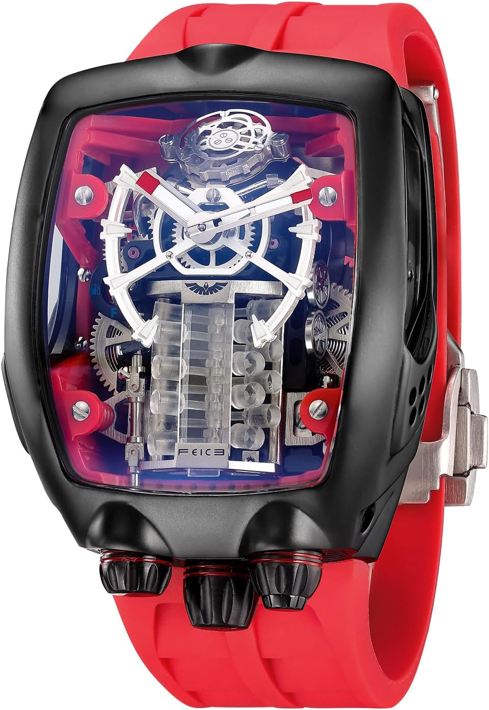 FEICE Men's Automatic Watch Skeleton Mechanical Irregular Case Waterproof Black Rubber Strap