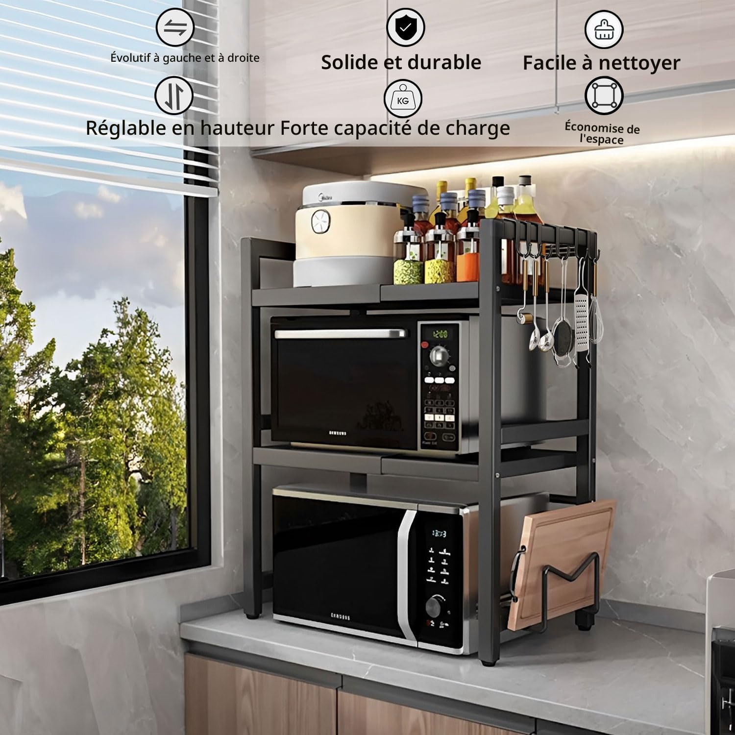 devesanter Étagère extensible pour micro-ondes Plan de travail à 3 niveaux Avec 5 crochets Étagère de cuisine Étagère à épices Étagère à micro-ondes Organiseur pour cuisi