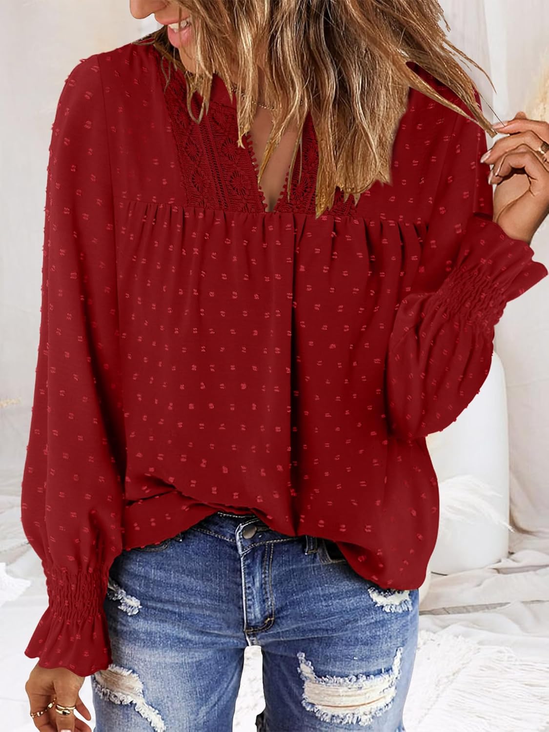 BETTE BOUTIK Women Boho Long Sleeve Shirts Dressy Casual V Neck Fall Fashion Tops Swiss Dot Flowy Blouses - Image 3