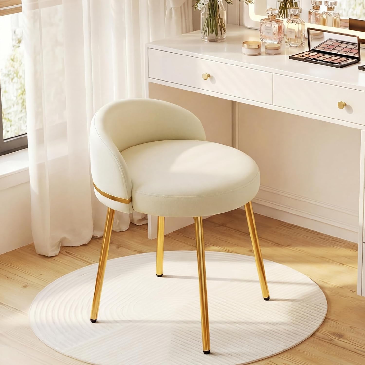 Furnistyle Armless Vanity Chair with Gold Bese, Cute PU Leather Makeup Chair with Low Back for Small Space, Modern Desk Chair for Bedroom Dress Room,