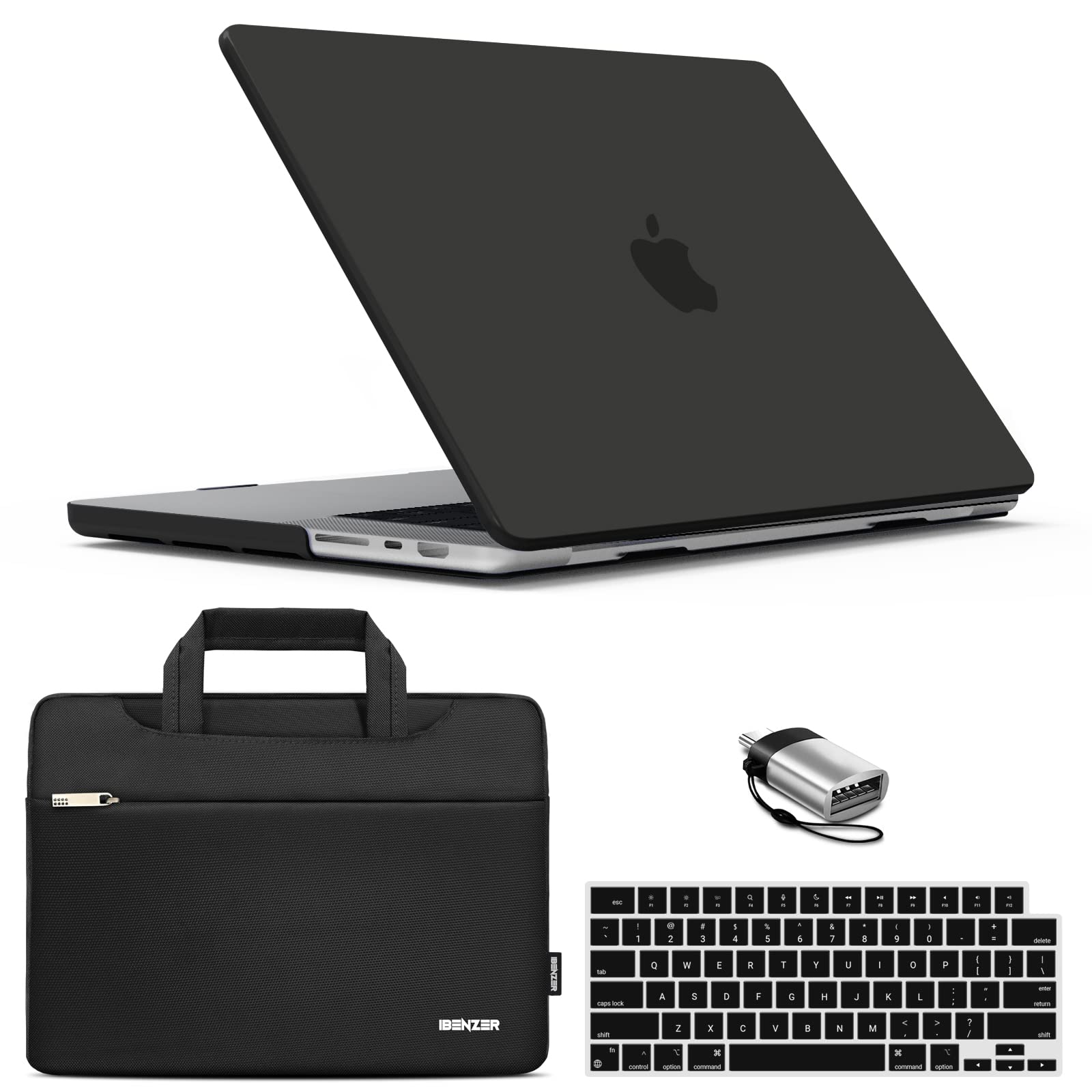 IBENZER Compatible con MacBook Pro de 14 pulgadas 2022 2021 M1 Pro Max A2442, funda rígida y bolsa, cubierta de teclado y protector de pantalla y tipo C para Mac Pro 14 con Touch ID, negro, MT14-BK+3