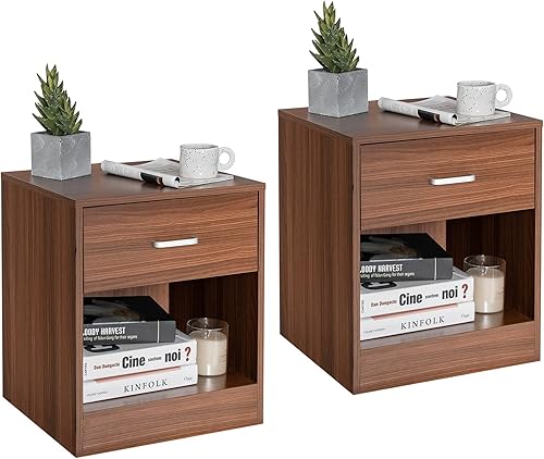 Giantex Juego de 2 mesitas de noche de nogal, mesita de noche de granja con cajón y armario de almacenamiento abierto, mesita de noche de madera,