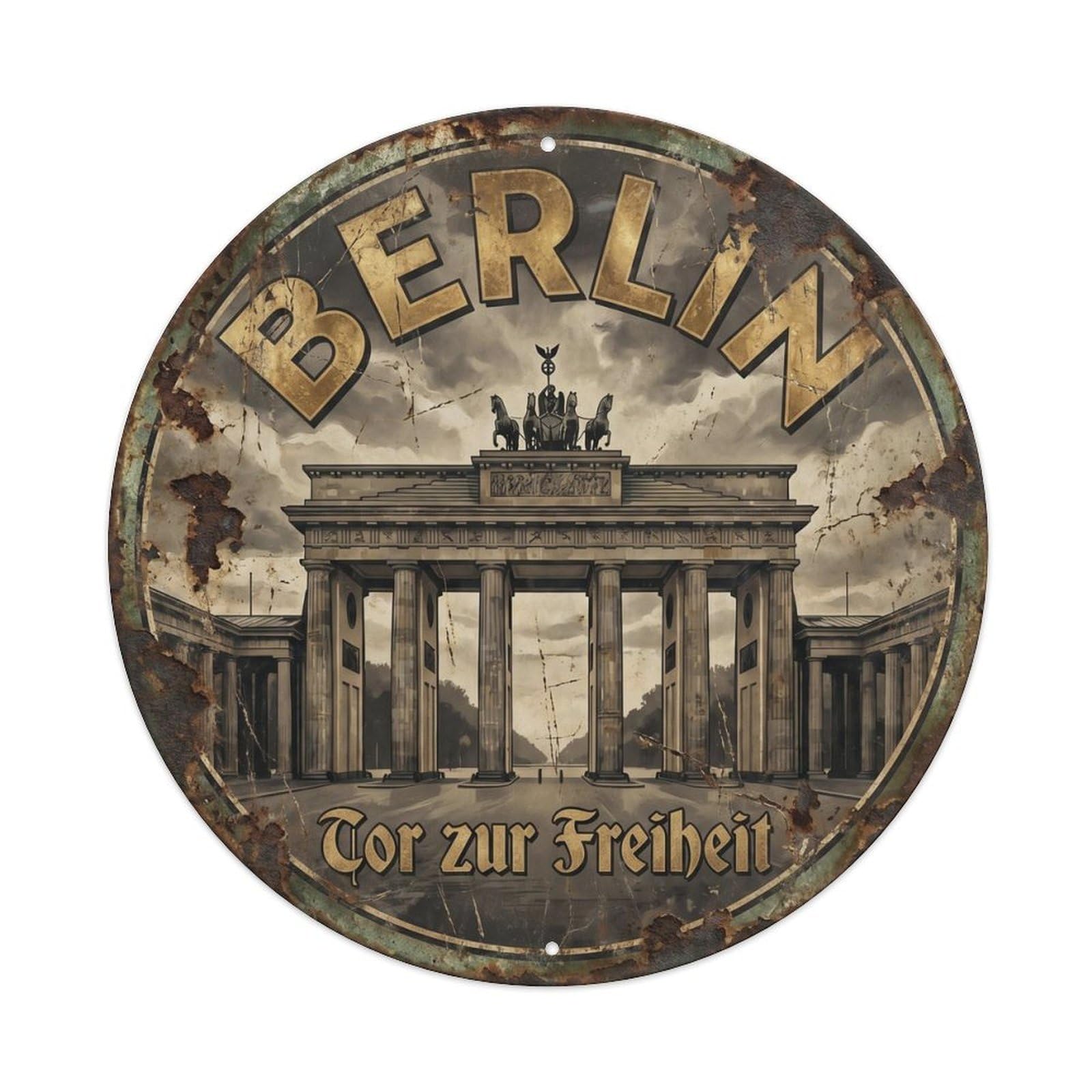 Vintage Travel Brandenburg Gate Berlin 1 Metal Tin Sign Plaque Wall Decor for Cafe, Club, Garden Round Metal Poster 8x8Inch