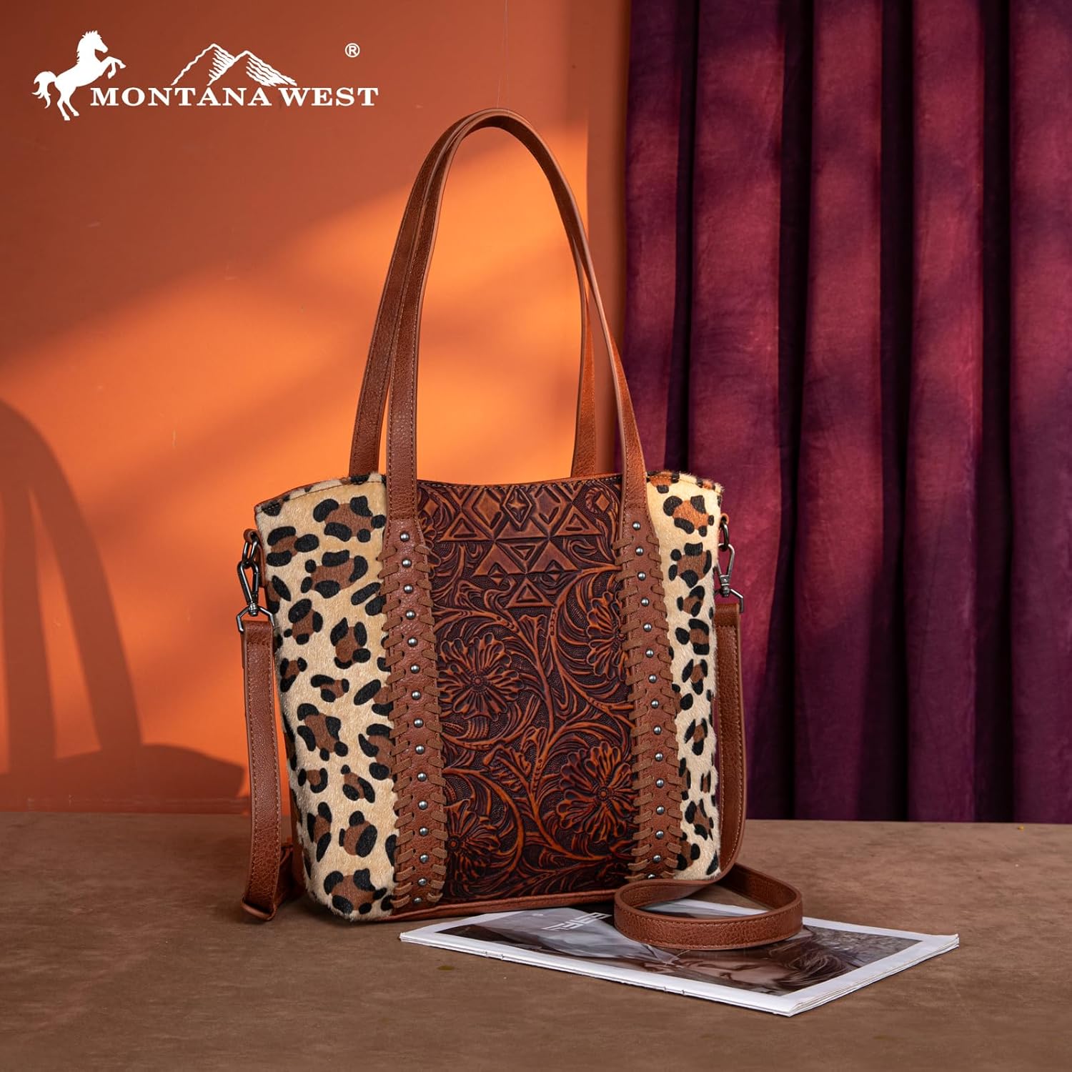 Montana West Cow Print Tote Bags for Women Western Tooled Crossbody Purses