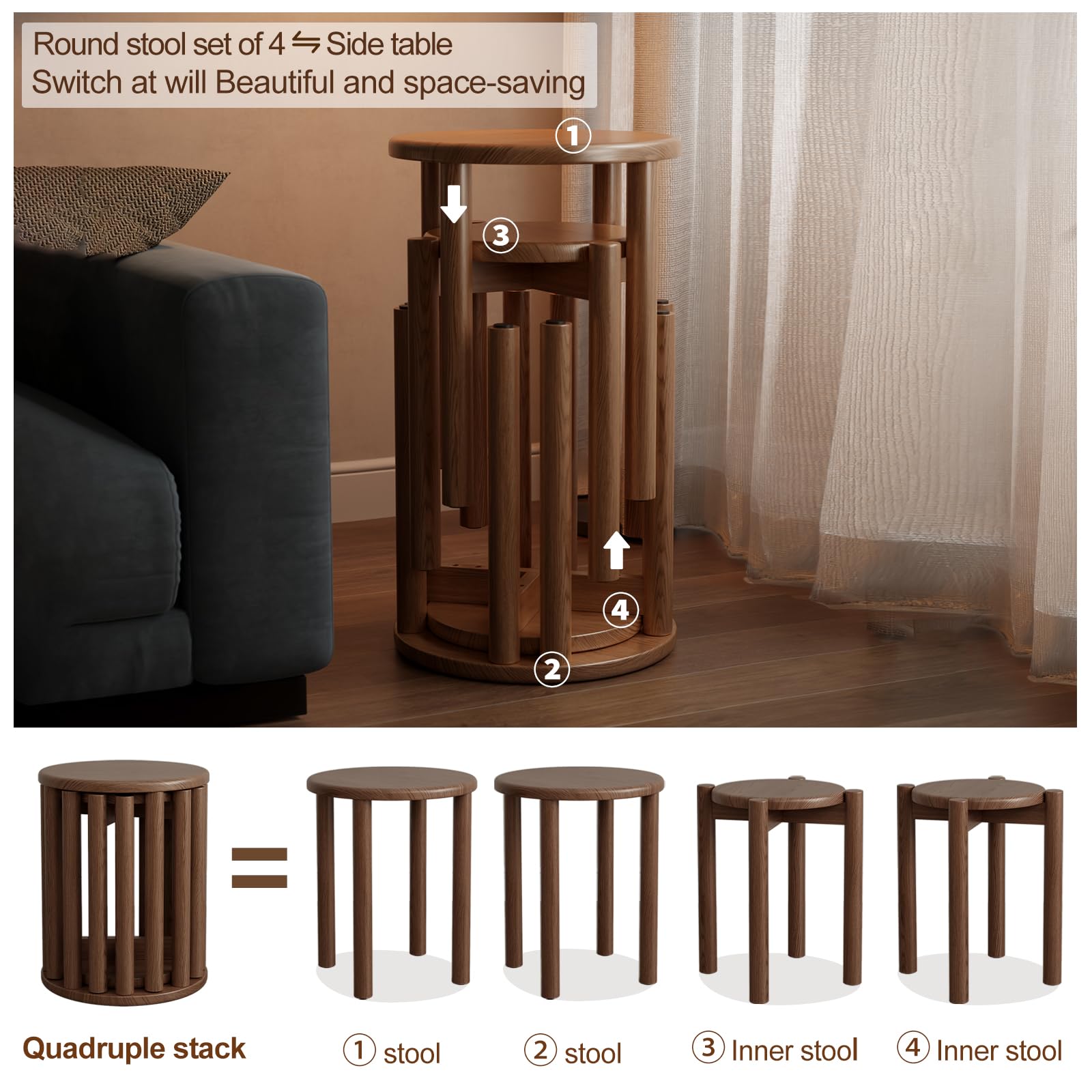 YQJJGL 4er Set Stapelhocker Massivholz, Runde Küchenhocker, 150kg Belastbar, rutschfeste Füße, Keine Montage, Platzsparend für Ihre Küche, Walnuss