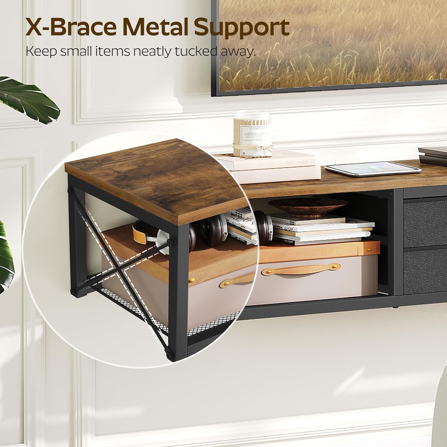 Floating TV Stand with Power Outlet, Wall Mounted Media Console for TVs up to 50 Inch, Entertainment Center with Storage, for Living Room, Bedroom, Rustic Brown and Black DS04UBR - Image 8