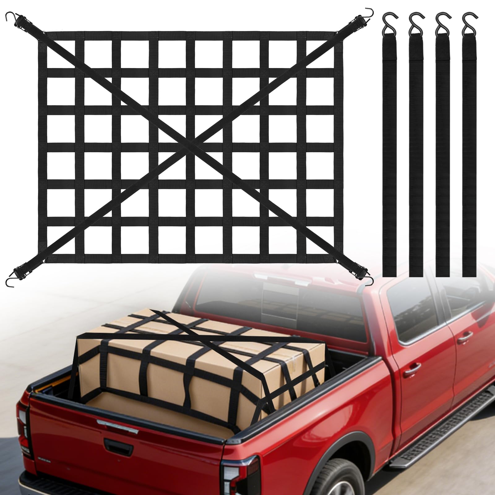 Rete per carico, 208 x 127 cm, rete per bagagliaio per pickup e camion, superficie di carico/portellone posteriore, 4 cinghie regolabili e 2 corde elastiche, con gancio a S