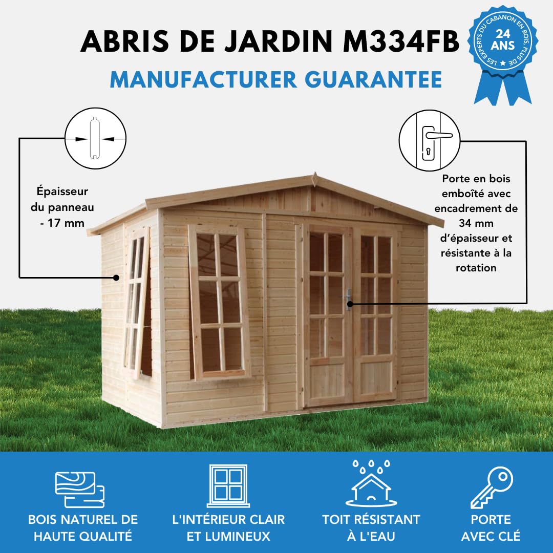 Abri de Jardin en Bois 6 m2 - l332xP222xH232cm - Cabanon Jardin extérieur avec Sol - Cabane de Jardin - Chalet de Loisirs - Maison d'été avec des bardeaux bitumineux Gris - TIMBELA M334FB+H334FBGREY