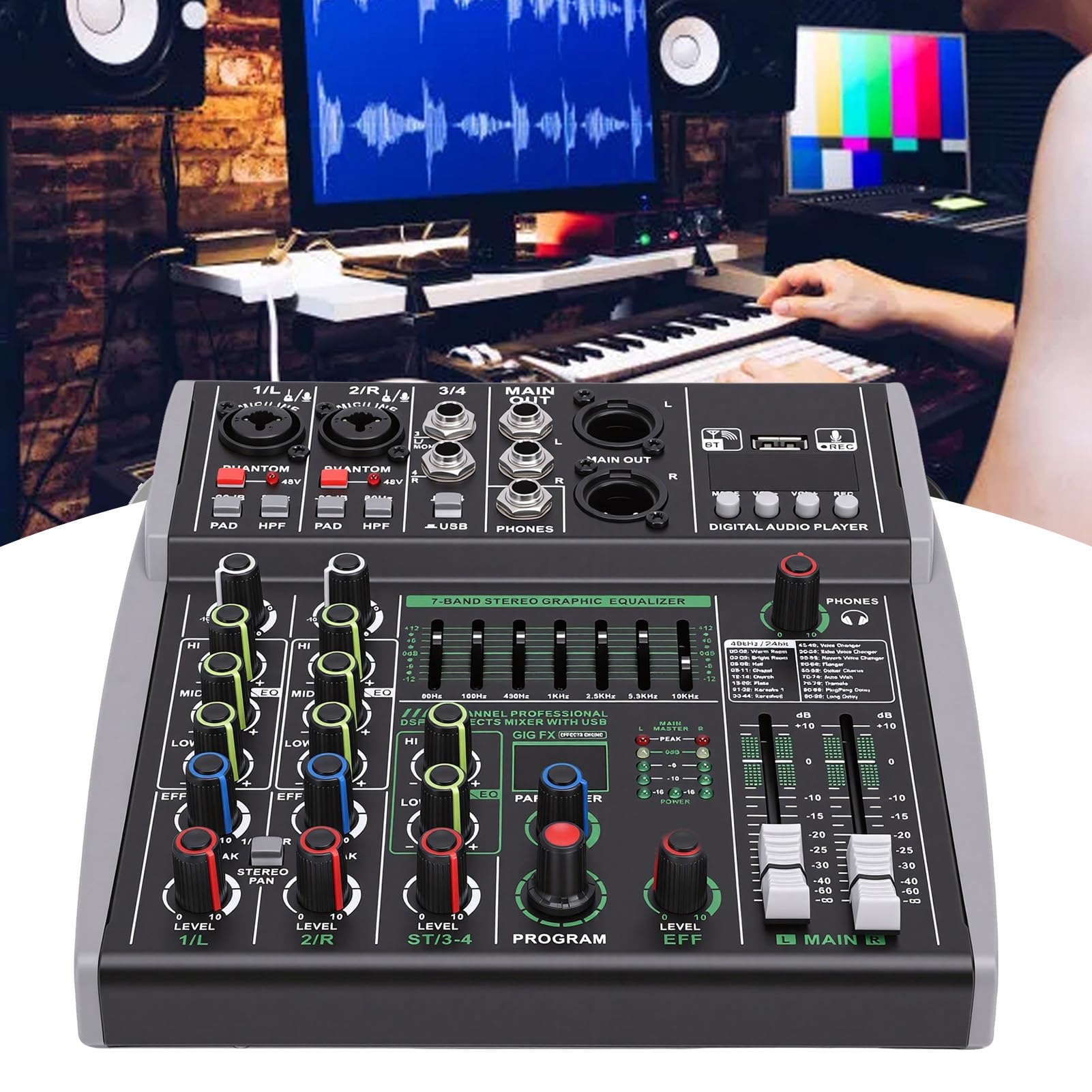 Annadue 4-kanałowy Mikser DJ-ski Bluetooth z 99 Efektami, 7-pasmowym Korektorem, Zasilaniem 48 V, Wejściem USB MP3 do Komputera do Nagrywania na żywo Podcastów Karaoke (wtyczka UE)