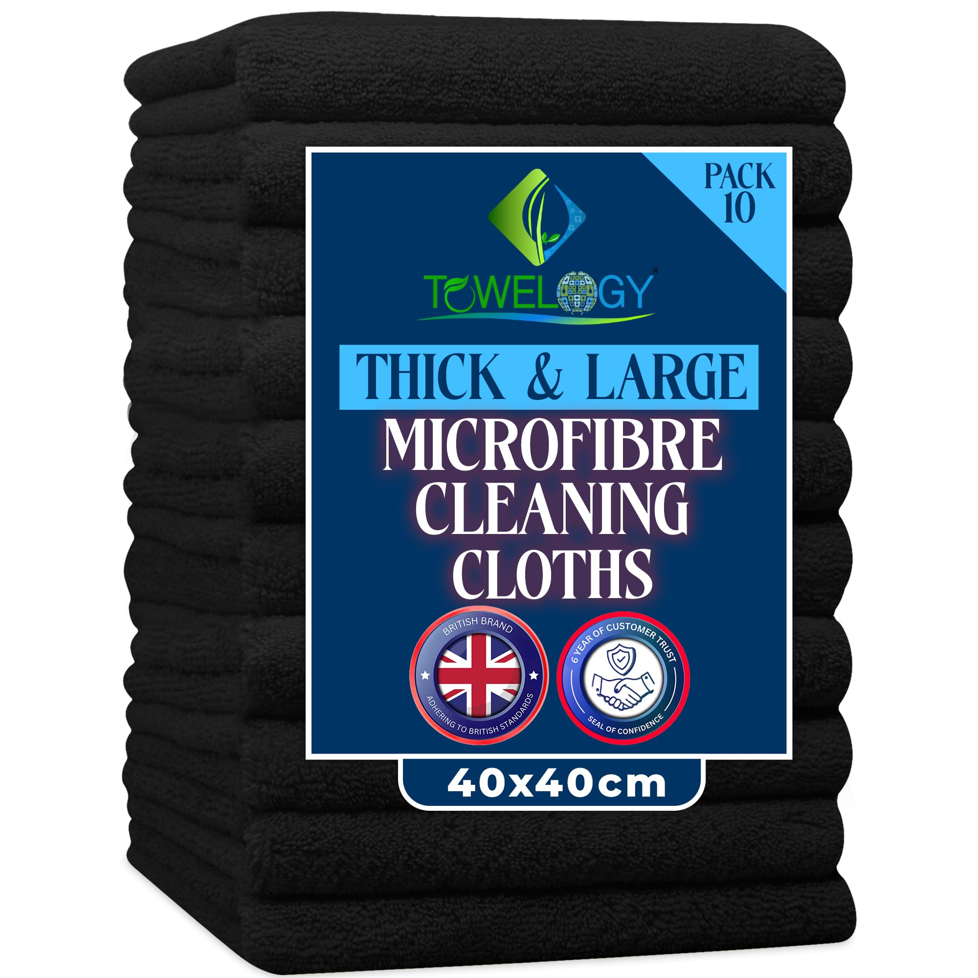 Towelogy Jet Black Towelogy® Heavy Duty Microfibre Cleaning Cloths For Home All Purpose - Larger, Thicker, More Absorbent Cleaning Cloth - 100% Lint Free Micro Fibre Cloths For Kitchen, Bathroom And Car (Jet Black)