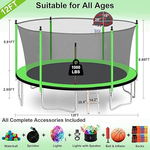 Miniatura 6 de Trampolín de 1500 libras, 10 pies, 12 pies, 14 pies, 16 pies, con caja de aro de baloncesto, luces, rociador, altavoz, trampolín al aire libre para