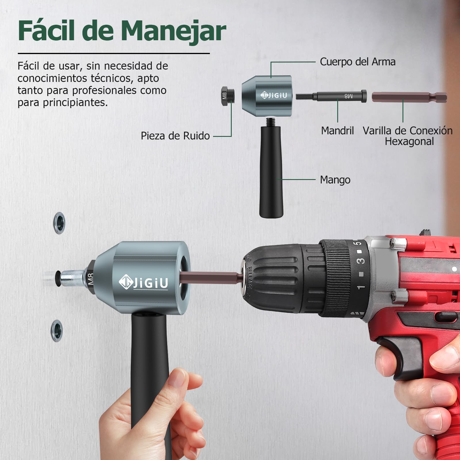 JiGiU Adaptador de Taladro de Tuerca Remachadora Electrica con 5 Mandriles (M3 M4 M5 M6 M8) y 40 Tuercas Fácil de Instalar para Mantenimiento Mecánico de Automóviles