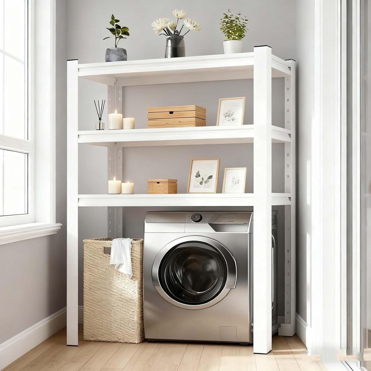 Adjustable Metal Storage Shelves - Heavy Duty Freestanding Organizer for Laundry Room, 3-Tier Space-Saving Shelving Unit Over Washer & Dryer (L60W40, 183CM)