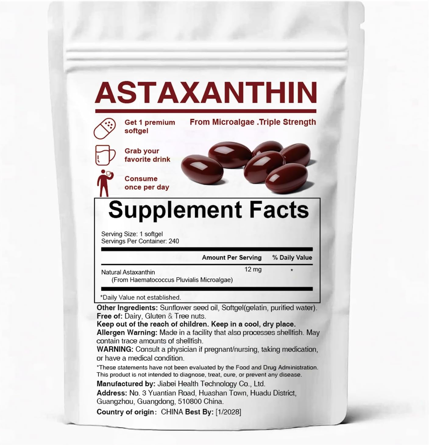 Astaxanthin 12mg, Premium Astaxanthin Antioxidant Supplements with Antioxidant Activity, Supports Eye, Immune, Skin Health, Internal Circulation-240 Softgels