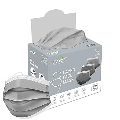 LIVYOR Non-Woven Fabric Disposable Surgical Mask With Nose Clip and Soft Ear Loops (Grey, Pack of 100) for Unisex, Without Valve