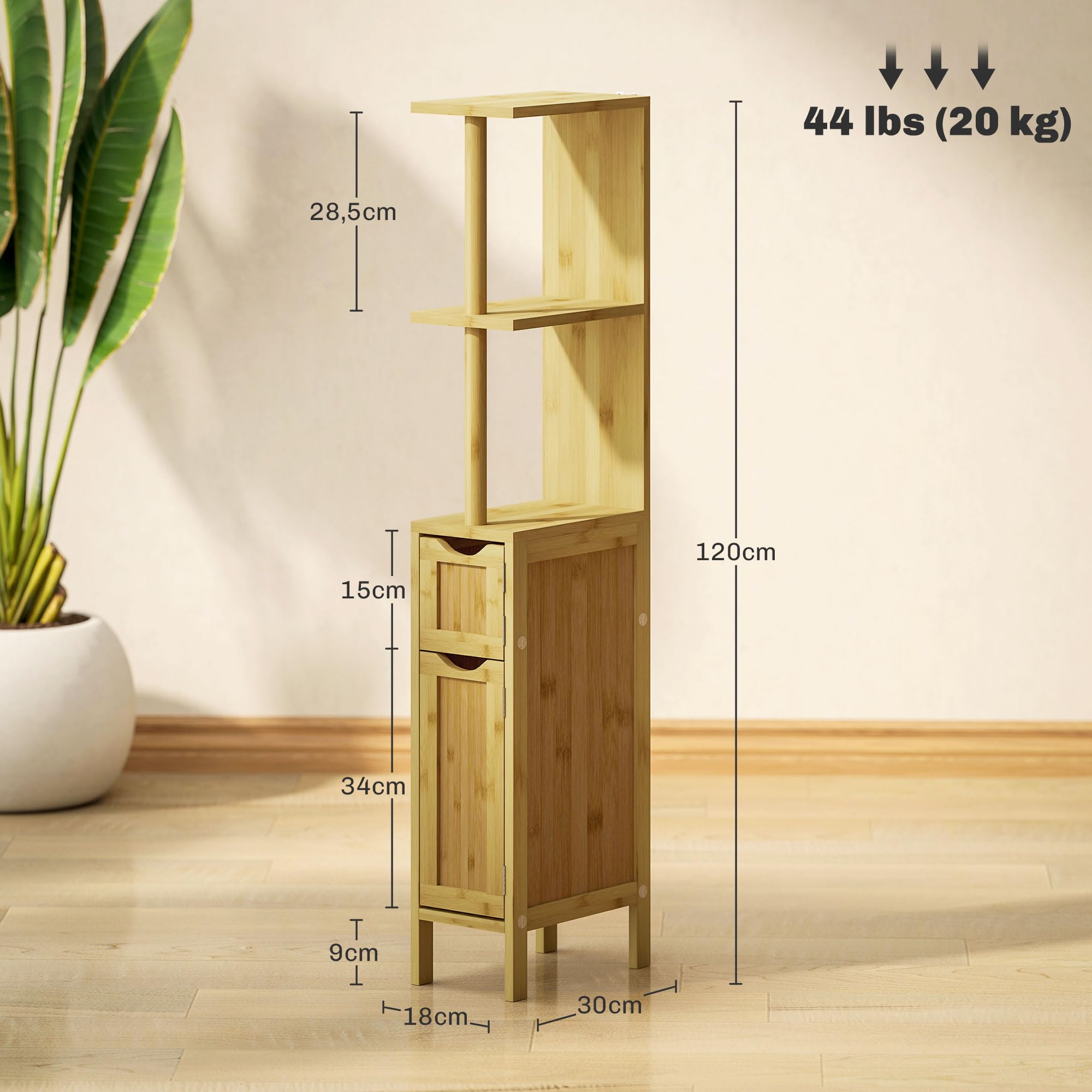 HOMCOM Columna de Baño Mueble de Baño Moderno con Puertas y Estantes Abiertos 18x30x120 cm Natural