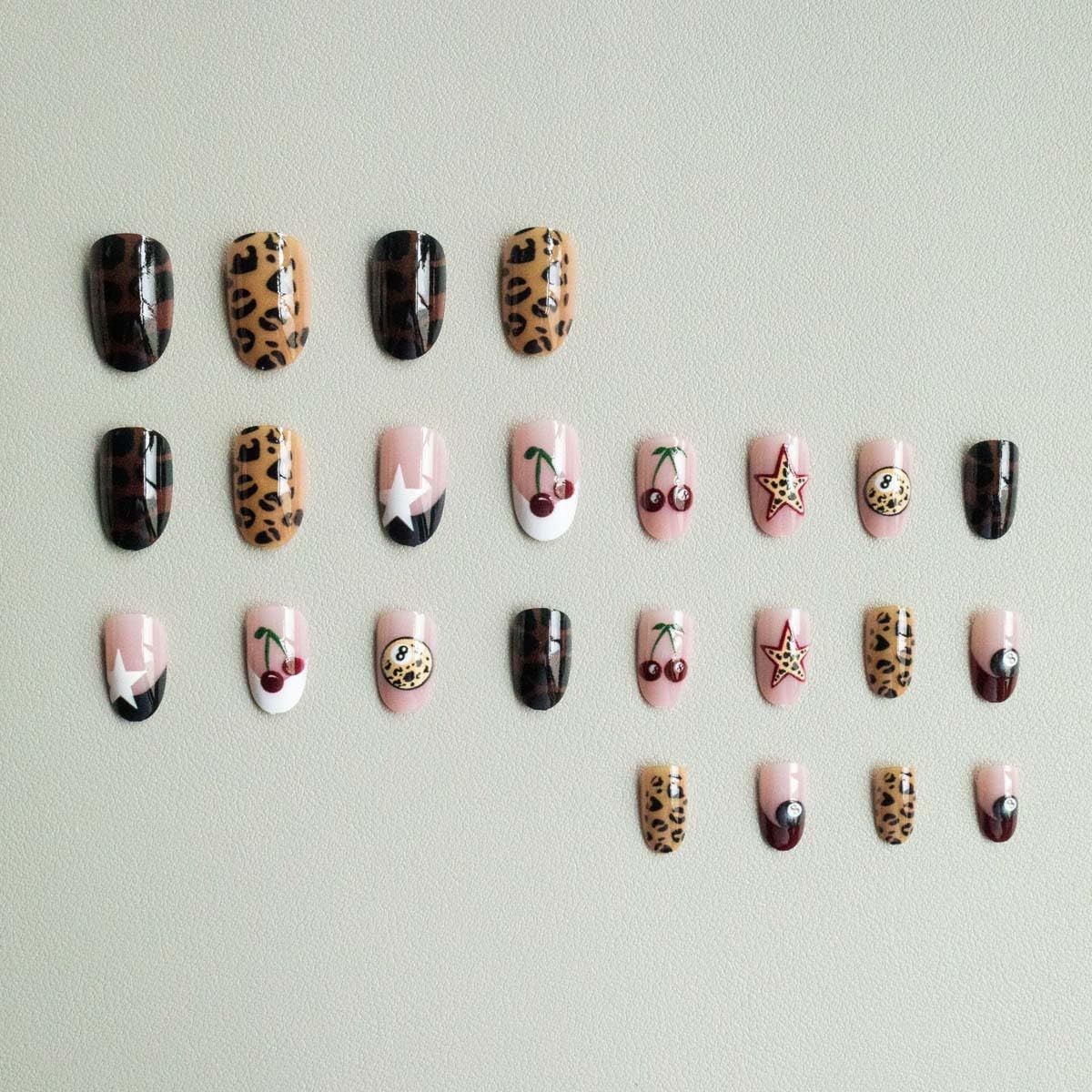 24Pcs French Tip Press on Nails Short Almond Leopard Fake Nails Press ons Nail Tips, ZWENJIE Stick on Nails Stars Balls Acrylic Nails Kit False Nails Cherry Tip Design Nail Art for Women Manicure