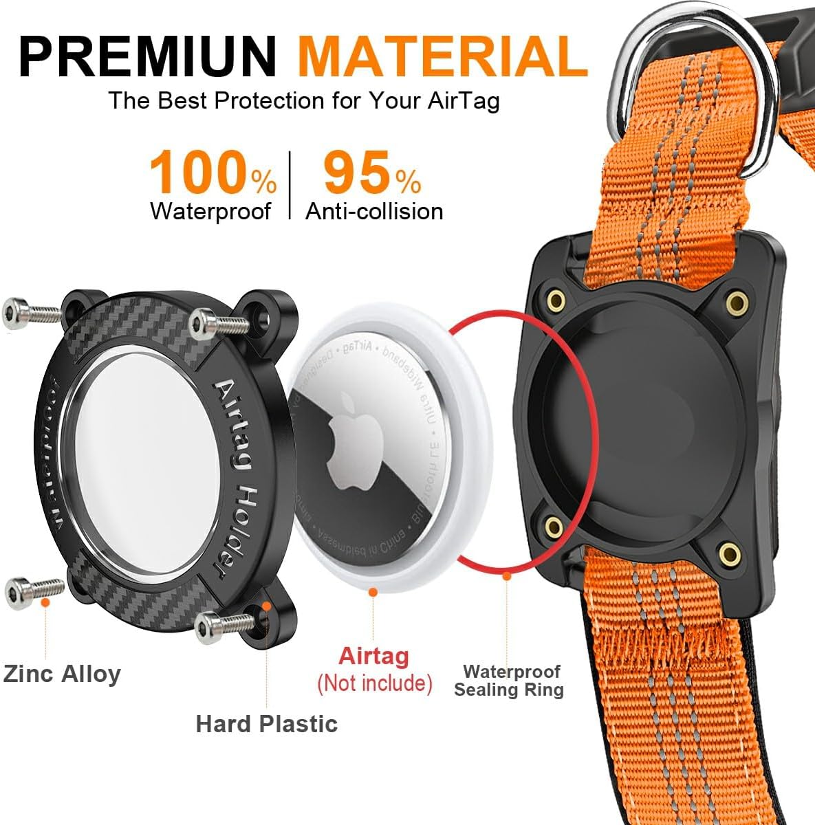 Nylon Dog Collar with Airtag Holder, IPX8 Waterproof, Orange, XL image 4