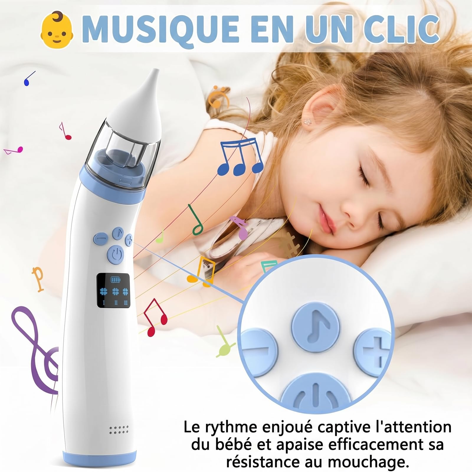 Aspirateur Nasal Électrique Bébé Rechargeable 3 Niveaux d'Aspiration 2 Embouts Musique Lumière Douce
