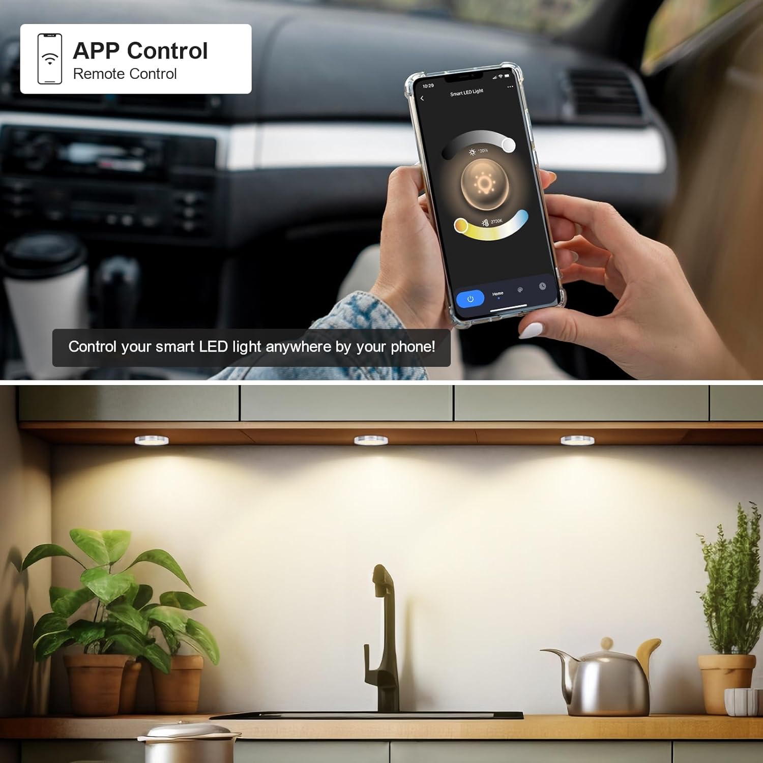 6pack LED Puck Light Kit, 2700-6000K Smart Round Under Cabinet Lighting with APP Control, Compatible with Alexa, Google Assistant, for Under Counter, Kitchen (Silver)